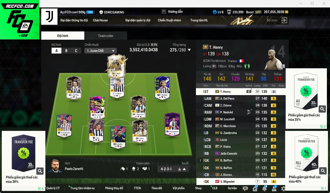 [Dư nhiều BP] Juventus 3.552.410b dư 207.000b có Henry ITM+5, Zidane RMA, Del Piero DC, Vieira DC, Nedved LN, Lúcio CC, Zambrotta BTB+9, Cancelo LOL+9, Marchiso DC, Locatelli 23HW... Đã đào tạo full nhiều cầu thủ, HLV Xịn